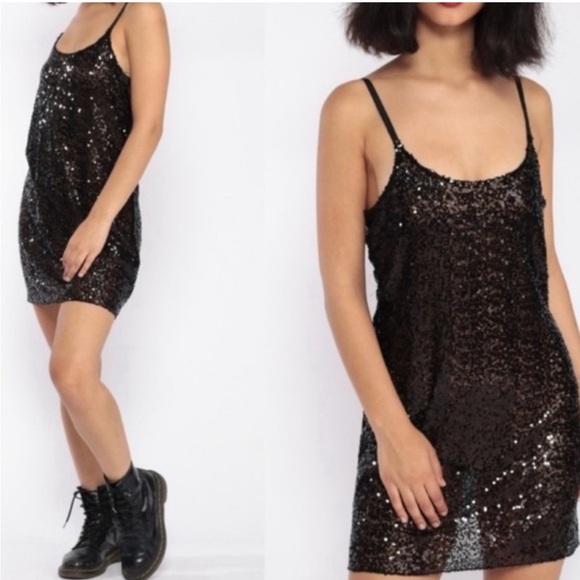 FREE PEOPLE Sequin Mini Slip Dress Sheer Black Intimately Fp - Picture 1 of 9